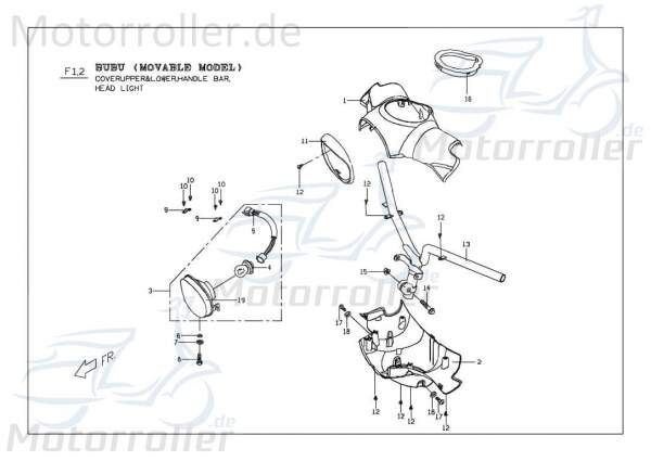 PGO Scheinwerfer vorn E-Marke Rodoshow 50 Roller 50ccm 2Takt Motorroller.de Frontscheinwerfer Hauptscheinwerfer Front-Scheinwerfer Vorderlicht Scooter