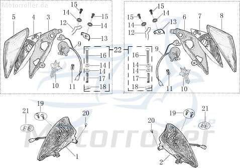 Scheinwerfer links Jonway Galactica 2.0 RC 50 Scooter 702713 Motorroller.de Frontscheinwerfer Hauptscheinwerfer Front-Scheinwerfer Vorderlicht Moped