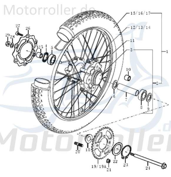 Kreidler Supermoto Enduro 125 Hinterrad komplett 125ccm 4Takt FIG.C31B-1 Motorroller.de hinten Hinterrad-Felge Hinterradfelge Hinter-Rad Heck-Rad