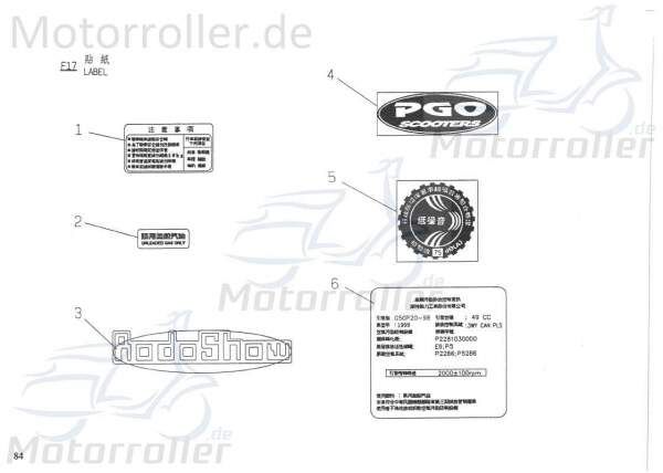 PGO Rodoshow 50 Aufkleber Sticker 50ccm 2Takt 98014500075 Motorroller.de DB dezibel Test Dekor Dekor-Aufkleber Klebeetikett Scooter Ersatzteil Service