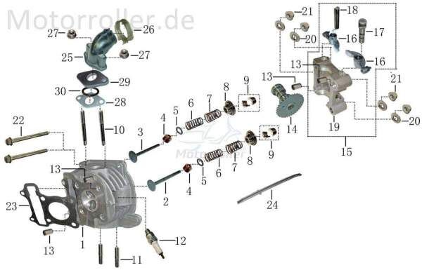 Qingqi QM125T-10AB Ventilfederteller 125ccm 4Takt FIG E2-13 Motorroller.de Federauflage Ventilfederscheibe Ventilfederaufnahme 152QMI Scooter Service