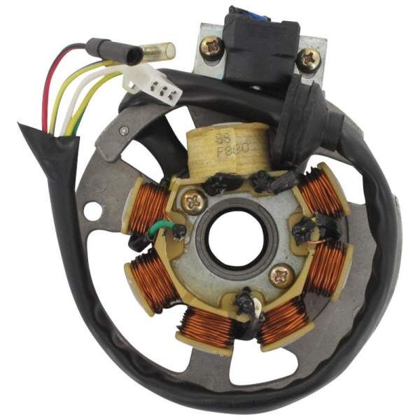 Lichtmaschine Stator 6 Spulen Pick-up außen AGM 50ccm 2Takt Motorroller.de D=79mm 5 Kabel 1x3 + 2x1 Pol Ankerplatte Zündplatte Zündgrundplatte 1E40QMB